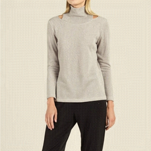 Clara Sun Woo Ribbed Knit Mock Neck Cold Shoulder Sweater, size S